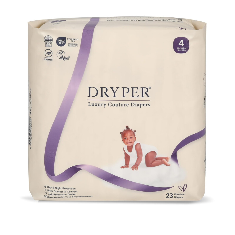 Dryper Baby Nappies Size 4 (10-15Kg), 23 Count, Ultra-Thin Soft Hypoallergenic Nappies For Sensitive Skin, 3D Leak Guards + Wetness Indicator