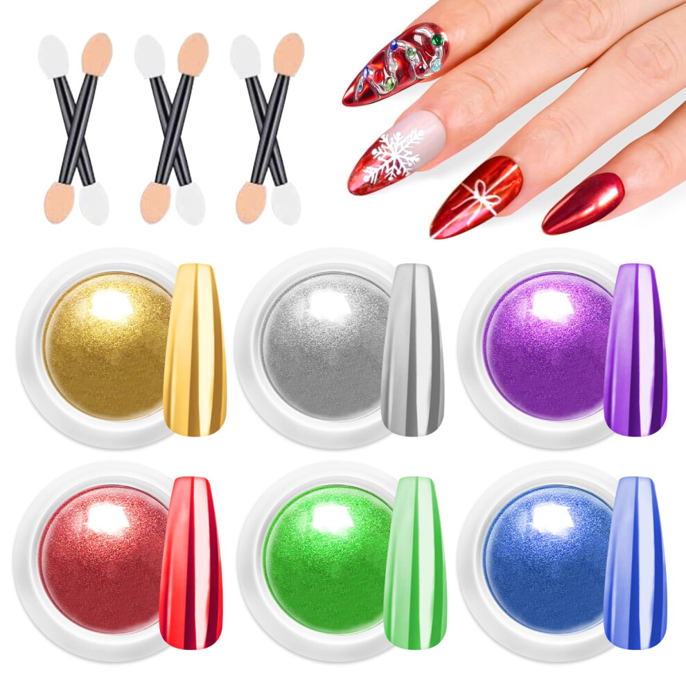 Bishengyf Red/Green/Blue Chrome Nail Powder - 6Pcs Christmas Purple Gold Nail Chrome Powders