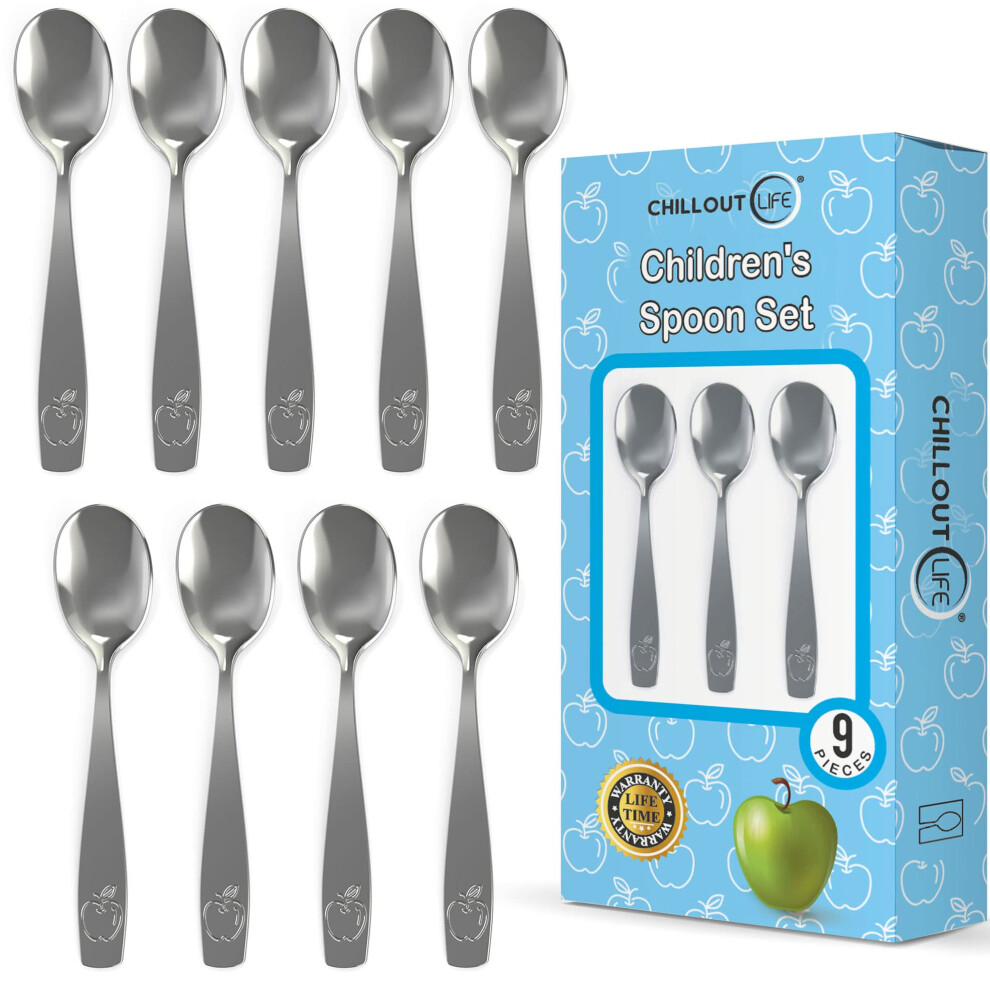 Chillout Life 9 Piece Stainless Steel Kids Spoons - Child And Toddler Safe Flatware - Metal Cutlery Set For Children - Small Dessert Spoons