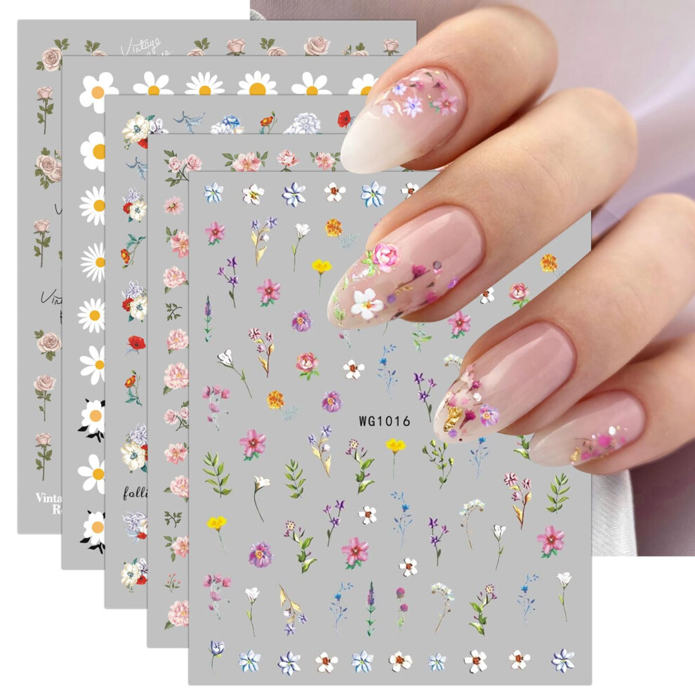 Jmeowio 9 Sheets Flower Nail Art Stickers Decals Self-Adhesive Spring Summer Floral Nail Supplies Nail Art Design Decoration Accessories