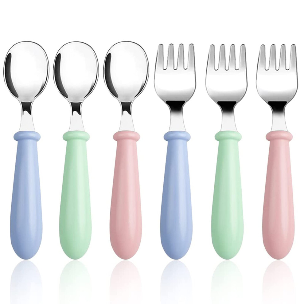 3 Set/6 Pcs Baby Fork And Spoon, Toddler Utensils Stainless Steel Forks Spoons Silverware Set With Round Handle Kids Children's Flatware Lanjue