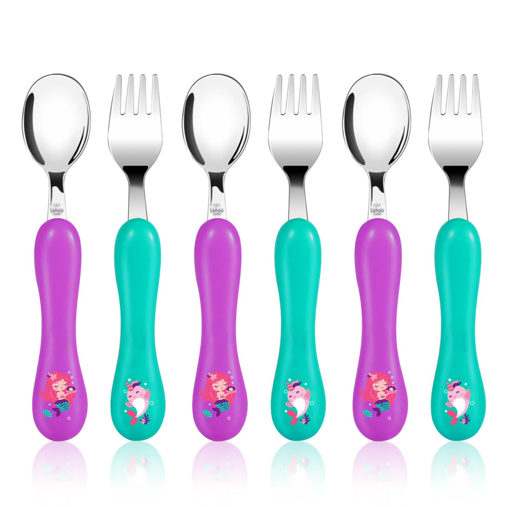 Toddler Fork And Spoon Set, 6Pcs Stainless Steel Toddler Cutlery Children's Cutlery Mermaid Flatware, Incudes3 X Spoons, 3 X Forks Lehoo Castle
