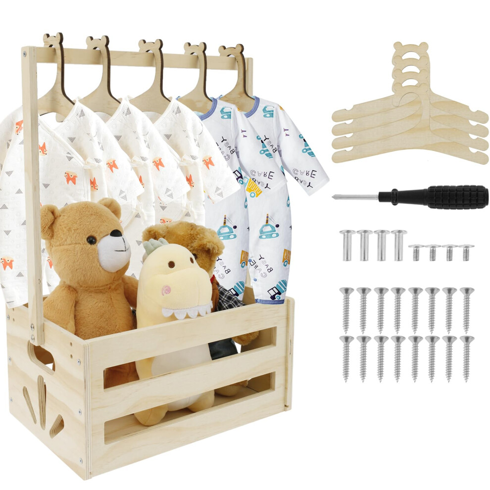 Baby Shower Crate Closet With 5 Hangers, Wooden Baby Shower Hamper Basket With Handle Newborn Clothes Wardrobe Storage Basket Newborn Gatphy