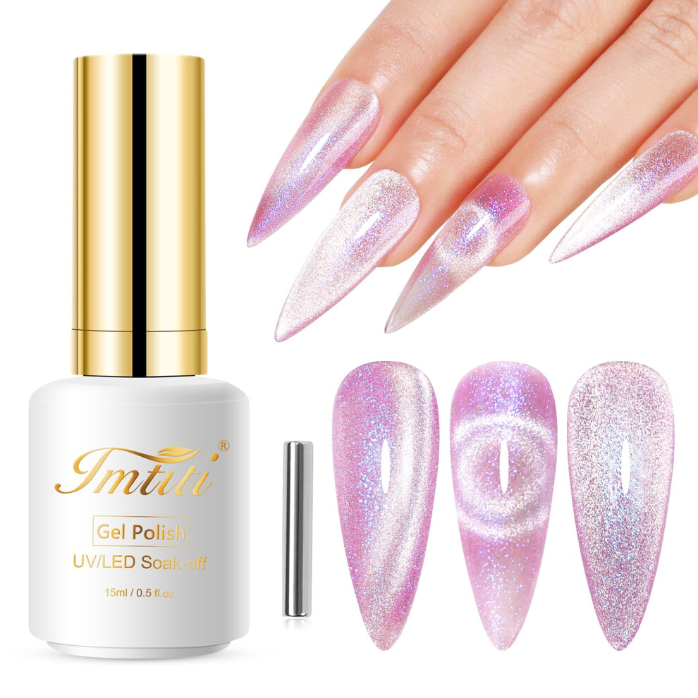 Imtiti Pink Cat Eye Gel Nail Polish, 15Ml Holographic Glitter, Magnet Uv Led Magnetic Gel Nail Polish Crystal Galaxy Sparkly Home Diy Manicure Nail