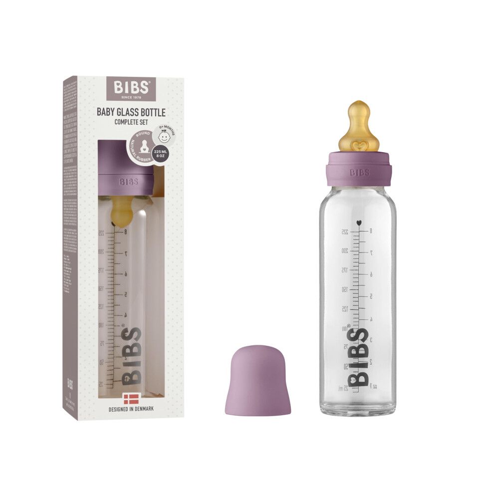Baby Glass Bottle. Anti-Colic. Round Natural Rubber Latex Teat. Supports Natural Breastfeeding, 225 Ml, Mauve Bibs