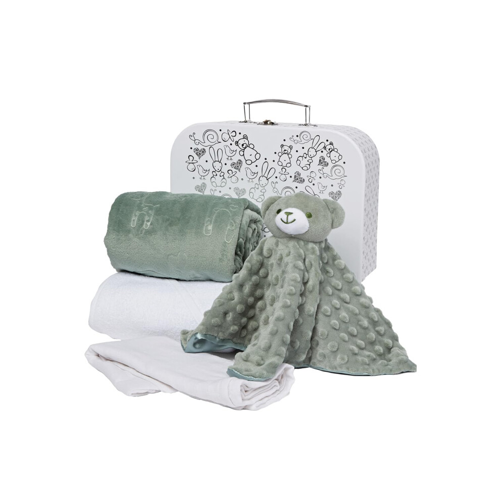 Baby Gift Hamper - Unisex Newborn Gift Set In Keepsake Case With Blanket, Hooded Towel, Milestone Card & Bear Comforter White Baby Box Shop