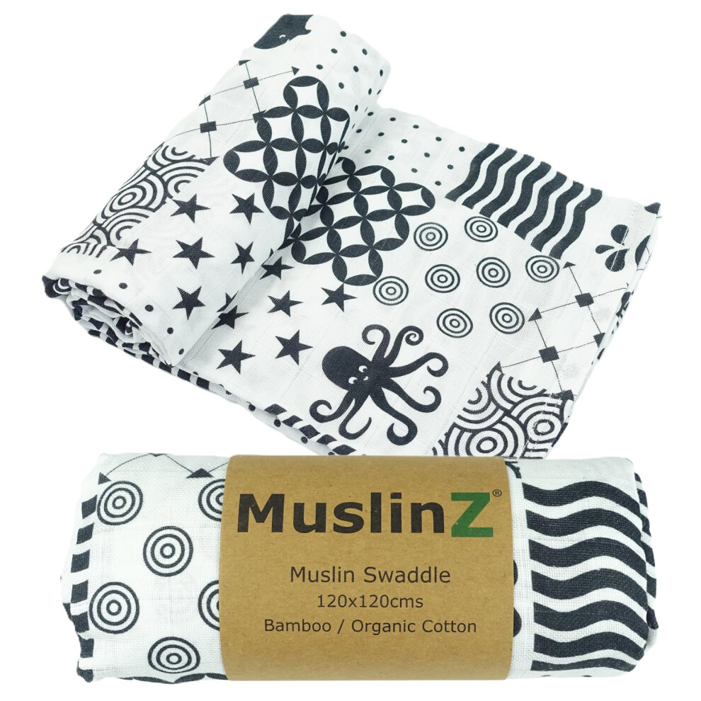 Newborn Sensory Muslin Squares In And For Visual Stimulation And Play, Tummy Time, Exlarge Muslin For Baby Black/White Muslinz