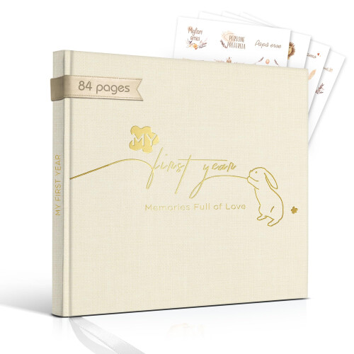 Baby Memory Book – First Year Keepsake Journal with Stickers, Linen Cover