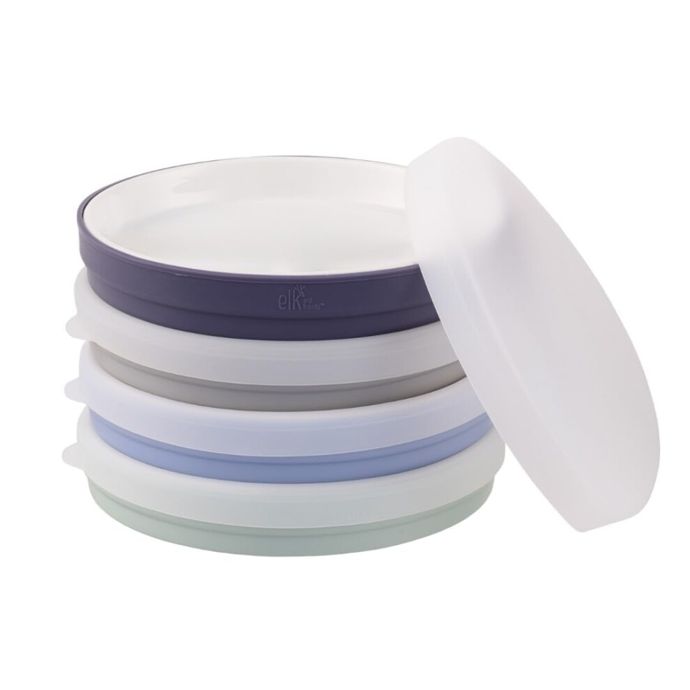Kids 7.8” Porcelain Plates With Silicone Sleeves + Lids | Suitable For Babies/Toddlers | Microwave & Dishwasher Safe White Elk And Friends