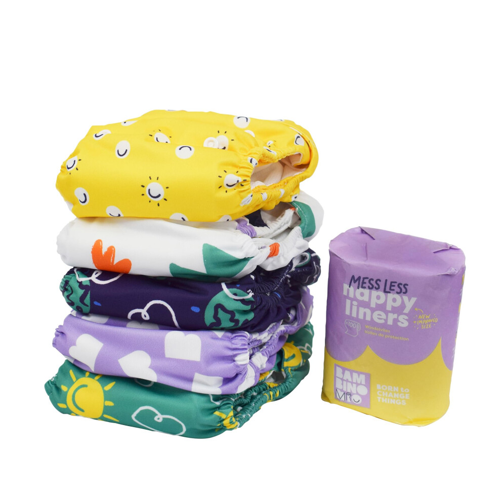 , Reusable Cloth Nappy Starter Set - The Give-It-A-Go Diaper Bundle, 5 X Nappies, 100 Liners, Poppers & Hook & Loop, Brave Bambino Mio
