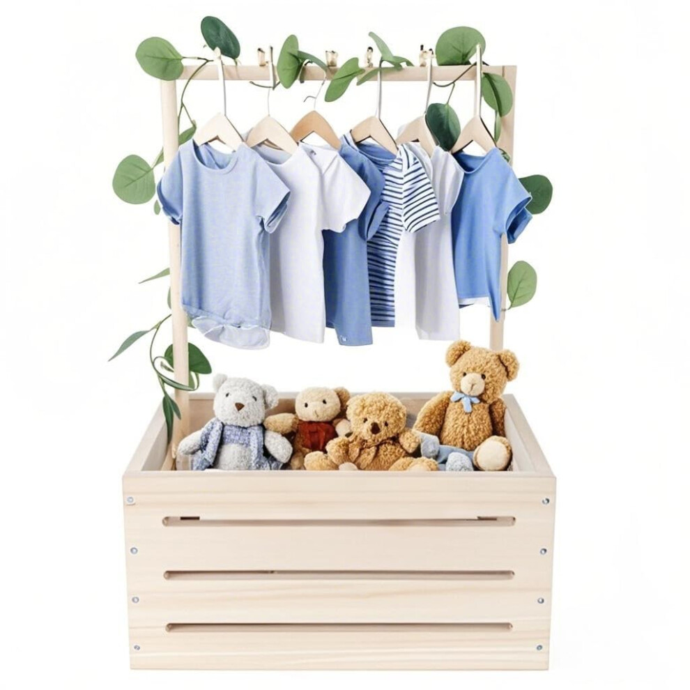 Wooden Baby Hamper Basket Crate Box Closet Storage With Handle & Clothes Rail & Eucalyptus Leaves Welcome Gift For Newborn Boys Girls Mounting Up