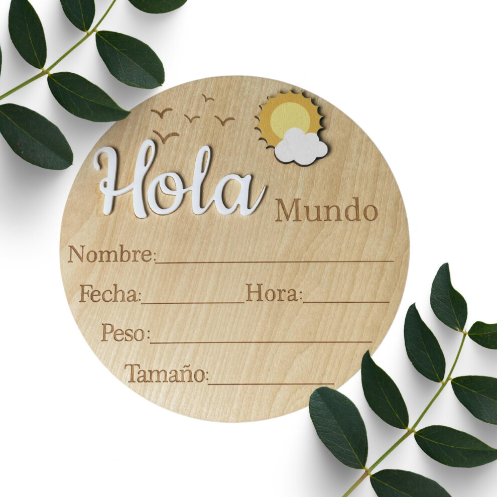 Hello World 3D Baby Announcement Wooden Disc – Sun & Cloud Newborn Keepsake Plaque – Gender Neutral Birth Stats Sign – For New Parents Love Art Lux