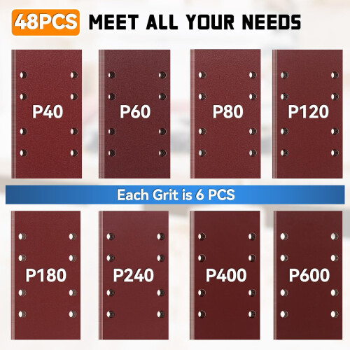 Aucenix Sanding Sheets for Electric Sander: 48Pcs Hook and Loop Sandpaper - Rectangular Sander Pads with 8 Holes Assorted 1