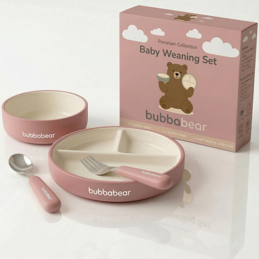 Baby Porcelain Set For Weaning | Suction Plate, Bowl & Feeding Cutlery For Babies | Toddler Stay Put Food Bowls & Plates Sets Bubba Bear