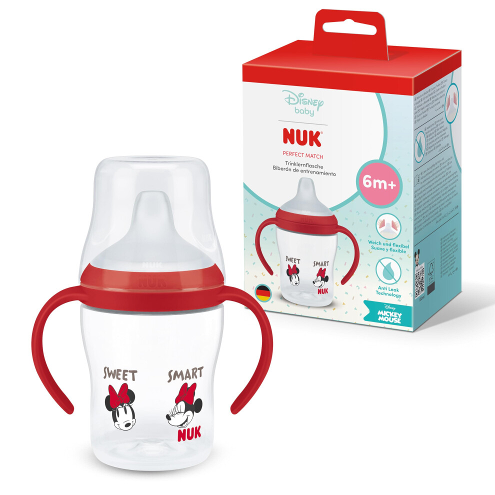 Perfect Match Learner Bottle | 6+ Months | 150Ml | Leak Proof Sippy Cup Toddler Bottle | Anti-Slip Handles | Minnie Mouse | 1 Count Nuk