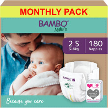 Bambo Nature Premium Eco Nappies, Size 2 Nappies (7-13lb/3-6kg), Mini, 180PK Eco-Labelled Nappy, Enhanced Leakage Protection