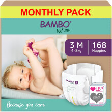 Bambo Nature Premium Eco Nappies, Size 3 (9-18lb/4-8kg), Midi, 168PK, Eco-Labelled, Enhanced Leakage Protection, Secure & Comfortable Baby Nappy