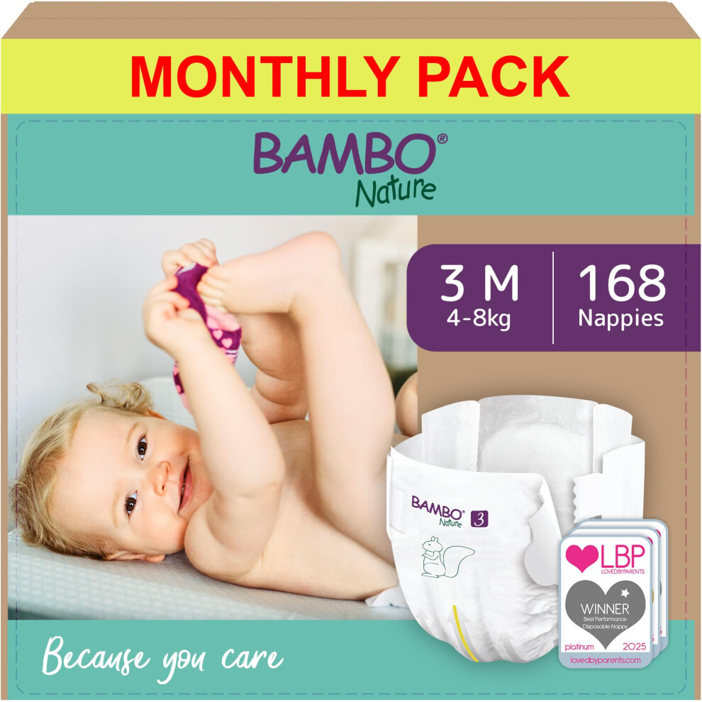 Premium Eco Nappies, Size 3 (9-18Lb/4-8Kg), Midi, 168Pk, Eco-Labelled, Enhanced Leakage Protection, Secure & Comfortable Baby Nappy Bambo Nature
