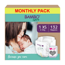 Bambo Nature Premium Eco Nappies, Size 1 (4-9 lb/2-4 kg), 132PK, Eco-Labelled Newborn Nappy, Enhanced Leakage Protection