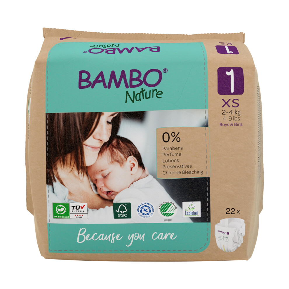 Premium Eco Nappies, Size 1 (4-9 Lb/2-4 Kg), 22Pk, Eco-Labelled Newborn Nappy, Enhanced Leakage Protection Bambo Nature