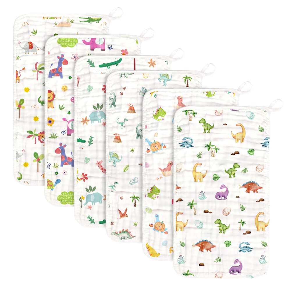 Decalsweet Muslin Cloths For Baby, 6 Pack 100% Cotton Burp Cloths, Absorbent & Breathable, Baby Essentials For Newborn (Animal & Dinosaur)