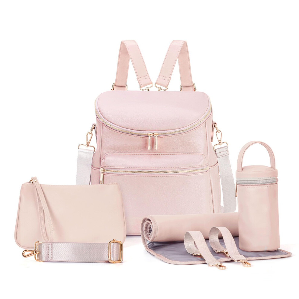 Diaper Bag Backpack, Fashion Leather Mommy Backpacks, Travel Baby Diaper Bags With In Bag Organizer And Changing Pad, M, Stylish Pink Minsong