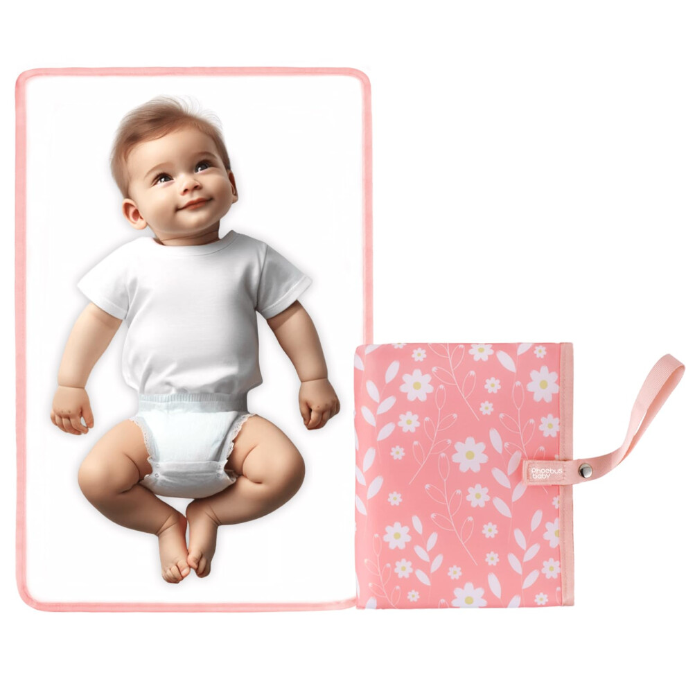 Portable Diaper Changing Mat For Baby - Waterproof Compact Changing Mat With Wrist Strap - Wipeable Travel Changing Pad For Diaper Bag( Flowers) Pink Phoebus Baby