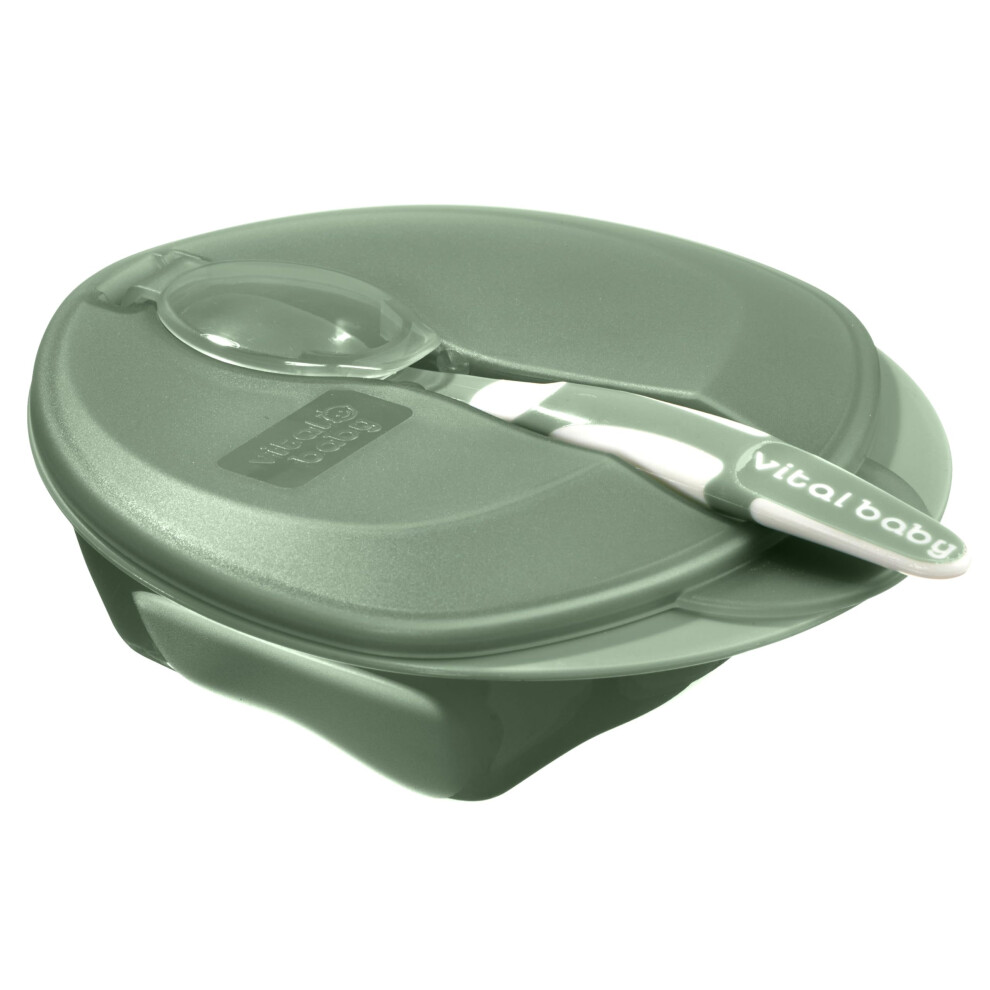 Nourish Weaning Bowl With Lid & Spoon 6M+, Food Mashing Zones, Soft Spoon Tip, Earthsmart Biodegradable Green Vital Baby