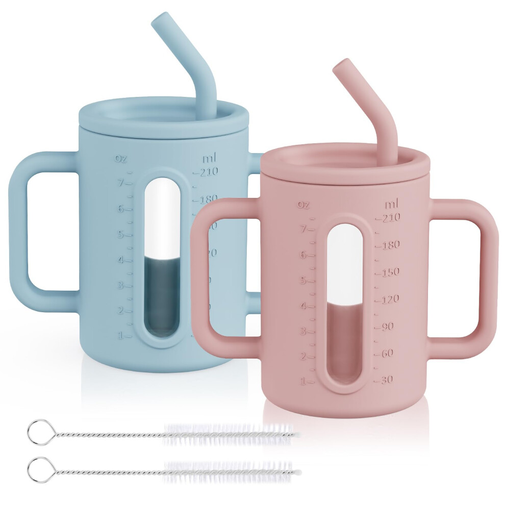 Hotut 2 Pack Silicone Sippy Cups For Toddlers, Toddler Glass Cups With Silicone Sleeves & Straws With Stoppers
