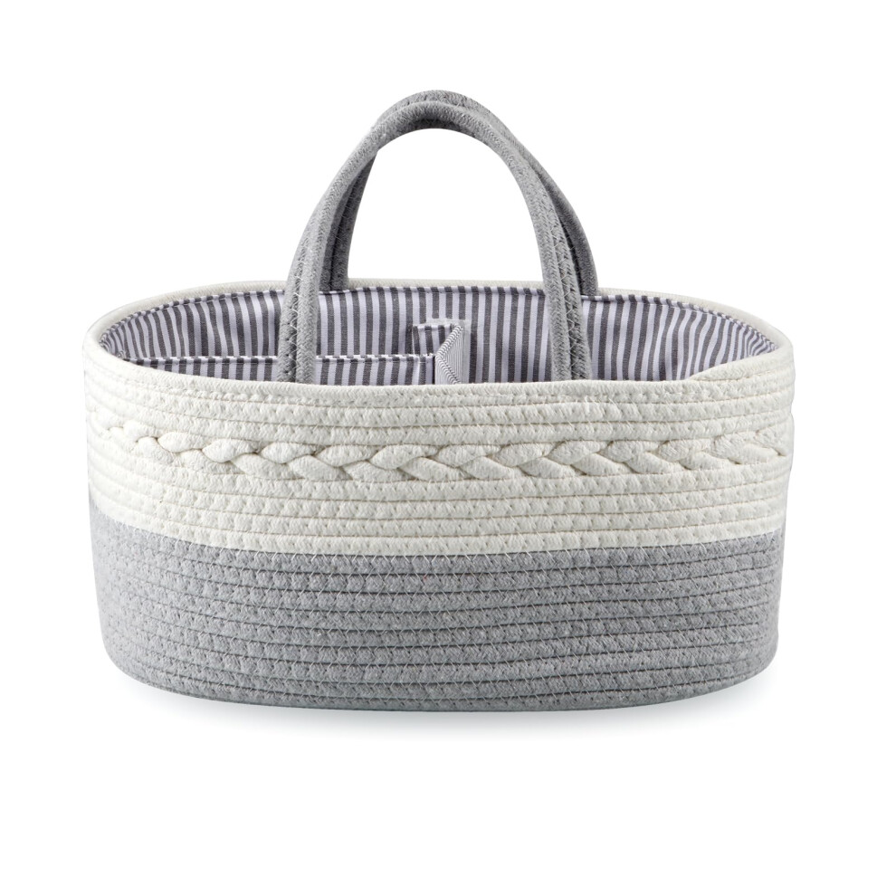 Pandaear Baby Nappy Caddy Organiser - 15"X9"X7" Large Cotton Rope Diaper Basket With Handles | Portable Changing Station For Nursery & Travel