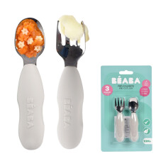 BEABA, Set of 2 Stainless Steel and Silicone Cutlery Sets, Baby Cutlery, Children's Cutlery, from 10 Months, Ergonomic Shape, Ergonomic Handle