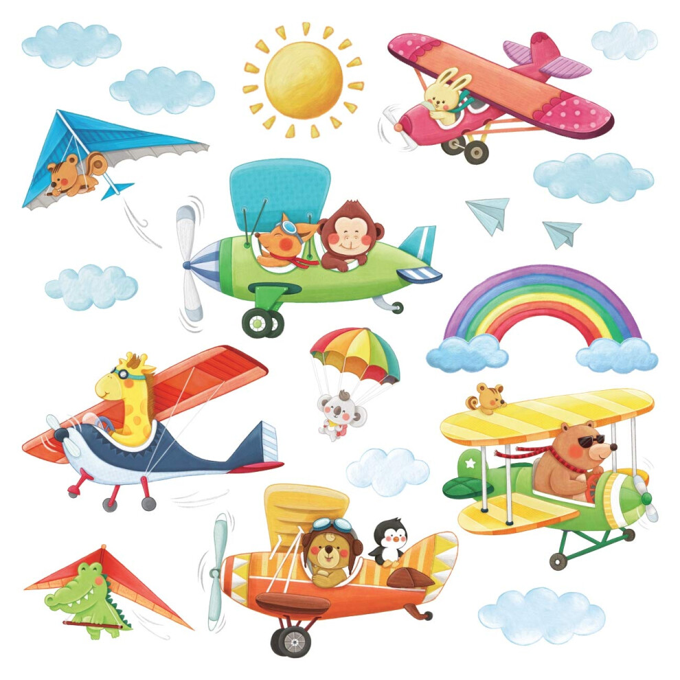 Ds-8026 Animal Biplanes (Small) Kids Wall Stickers Decals Peel And Stick Removable For Nursery Bedroom Living Room Art Murals Decorations Decowall