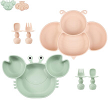 PandaEar 2-Pack Baby Silicone Suction Plates for Toddlers, Cute Crab & Bee Divided Self-Feeding Set with 4-Piece Utensils (2 Spoons & 2 Forks), BPA F
