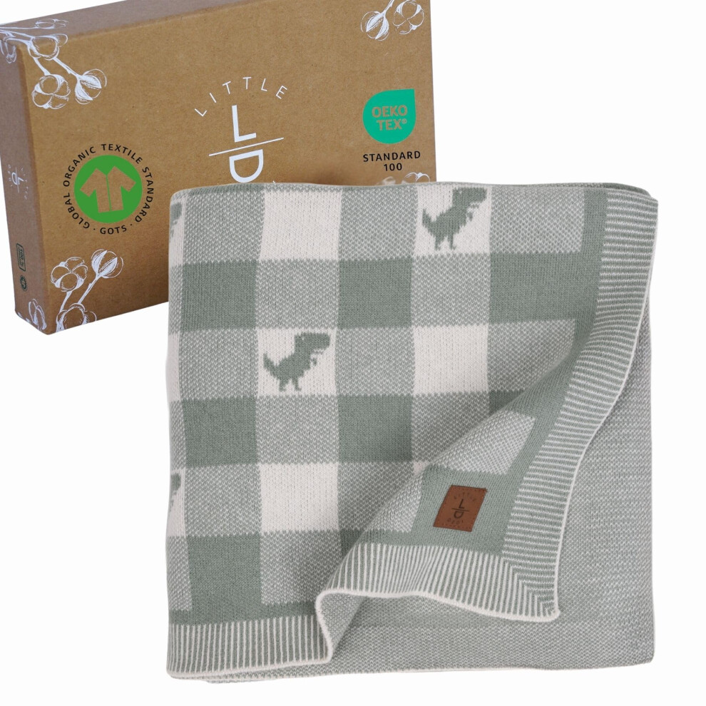 Little Dedi Gender-Neutral Checkered Baby Blanket, Green Dinosaur – 100% Organic Gots Certified Cotton, Soft And Lightweight, Cloud Pattern Design