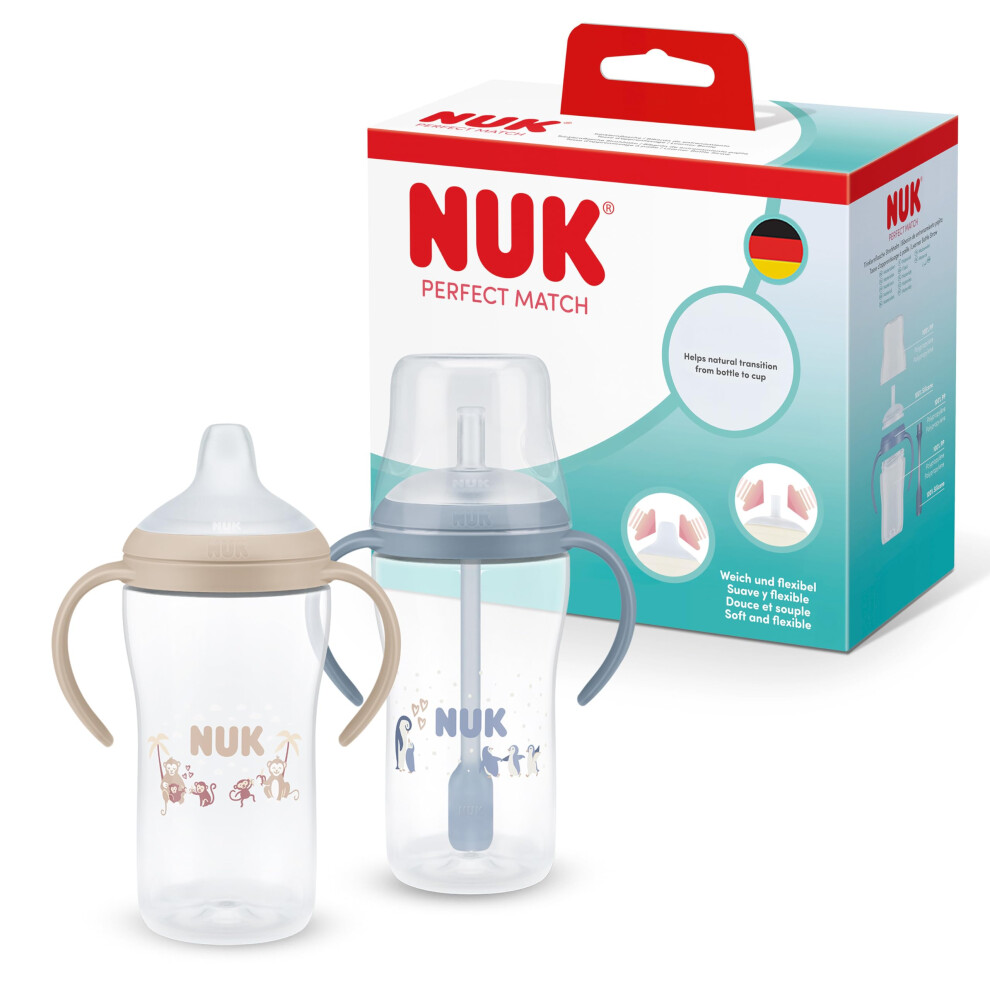 Perfect Match Learner Straw Bottles | 6+ Months | 260Ml | Leak Proof Baby Straw Cup | Anti-Slip Handles | Monkey & Penguin | 2 Count Nuk