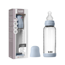 BIBS Baby Glass Bottle. 240ml. Anti-Colic. Vented Round Silcone Teat. Supports Natural Breastfeeding, Medium Flow, Complete Set - 240 ml, Baby Blue