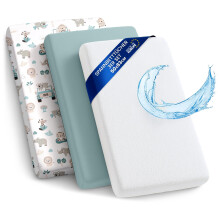 Sheet for Moses Basket Bassinet Crib and Fitted Set of 3: 50x83 cm - 2x Sheets + 1x Waterproof Mattress Protector Set Pram Bed Baby Cot Liner Cover