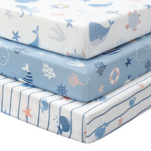 FIEMOL Cot Bed Sheets 140 x 70cm Fitted, 3 Pack Baby Cot Sheets, Ultra Soft & Silky Smooth Microfiber Toddler Bed Sheets Blue Ocean Whale