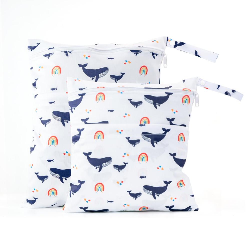 Fanksoow 2Pcs Wet Bags, Waterproof Travel Beach Baby Cloth Diaper Wet Dry Bags For Soiled Baby Clothes Swimsuits (Blue Whaler)