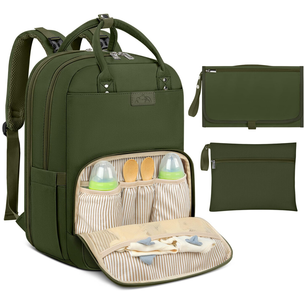 Newhey Baby Changing Bag Backpack With Portable Changing Mat Waterproof Nappy Bag Multifunction Baby Diaper Bags Large Rucksack Bag For Mom & Dad Green