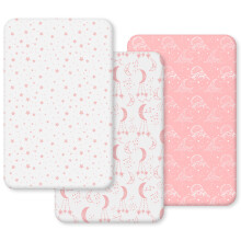 Unnivoll Next to Me Crib Sheets 51 x 85 cm Super Soft & Breathable Bedside Crib Fitted Sheets 3 Pack White Pink Moon
