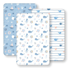 FIEMOL Next to Me Crib Sheets 85x51cm Fitted, 3 Pack Baby Cot Sheets, Ultra Soft & Silky Smooth Microfiber Bedside Crib Fitted Sheets Blue Ocean Whale