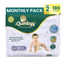 Baby Nappies Size 2 Bumbyy 186 (1Pack) – Ultra-Absorbent Leak-Proof Nappies for Sensitive Skin
