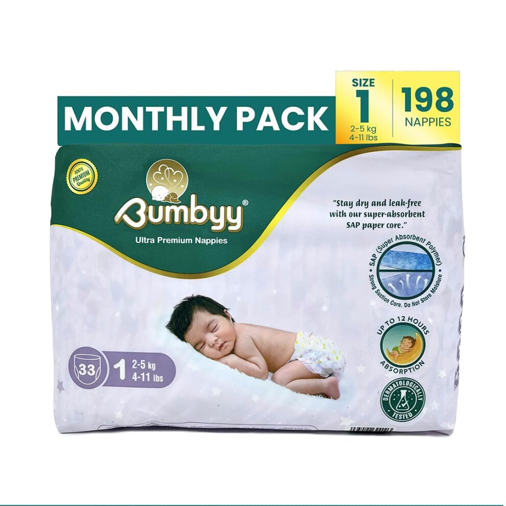 Baby Nappies Size 1 198 (1Pack) – Ultra-Absorbent Leak-Proof Nappies For Sensitive Skin Bumbyy