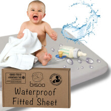 Bisoo Cot Sheets 20x40 in / 50x100 cm Fitted Waterproof 2in1 - Fitted Sheet + Cot Bed Mattress tector - Baby Cots Beds & Cribs - Soft & Silent
