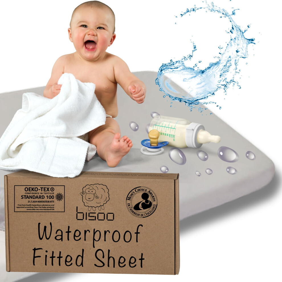 Bisoo Cot Sheets 20X40 In / 50X100 Cm Fitted Waterproof 2In1 - Fitted Sheet + Cot Bed Mattress Tector - Baby Cots Beds & Cribs - Soft & Silent