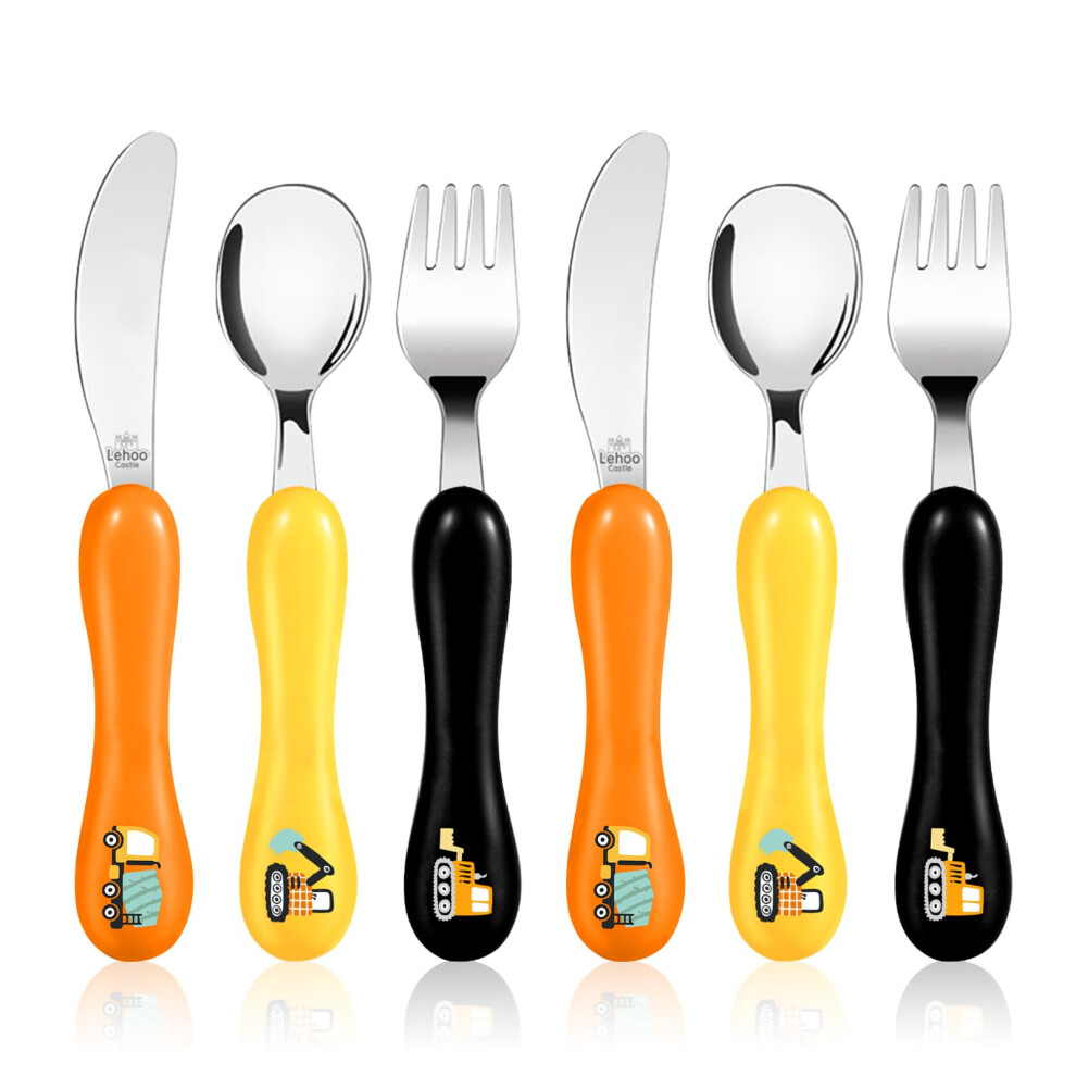 Toddler Cutlery, 6Pcs Stainless Steel Kids Cutlery Children's Cutlery Set Excavator, Incudes 2 X Spoons, 2 X Forks, 2 X Knives Lehoo Castle