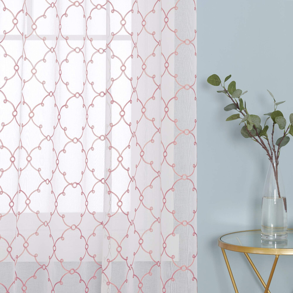 Eyelet Faux Linen Net Curtains Embroidery Diamond Voile Curtains Super Soft Semi Sheer Curtains 55 X 102 Drop Inch 1 Pair Pink Deconovo