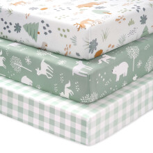 FIEMOL Cot Bed Sheets 140 x 70cm Fitted, 3 Pack Baby Cot Sheets, Ultral Soft & Silky Smooth Microfiber Toddler Bed Sheets Green Forest Bear