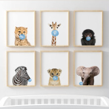 Jungle Safari Baby Animal Nursery Bedroom Wall Art Picture Prints, Set of 6 - Elephant, Lion, Monkey, Giraffe, Cheetah
